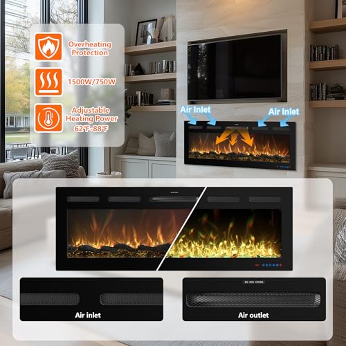 Image of 88 inch Electric Fireplace, Recessed or Wall Mounted, 5.5 inch Deep, 750W /1500W Quartz Heater, WiFi App, Alexa and Google Home, 13 Flame Colors