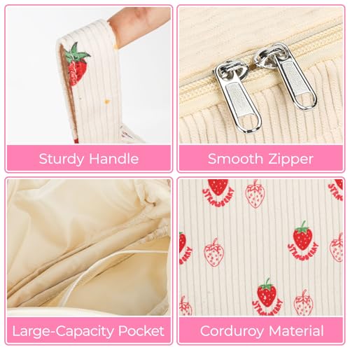 Image of WOBAGMEN Cute Pencil Case,Large Corduroy Zippered Pencil Case Pouch, aesthetic Pencil Bag with Compartments, Pencil Pouch School Supplies (HY-corduroy pc-strawberry)