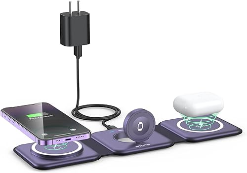 Cargador inalámbrico 3 en 1, estación de carga inalámbrica de viaje magnética RTOPS múltiples dispositivos, estación de carga GaN 3 en 1, compatible Cargador inalámbrico 3 en 1, estación de carga inalámbrica de viaje magnética RTOPS múltiples dispositivos, estación de carga GaN 3 en 1, compatible
