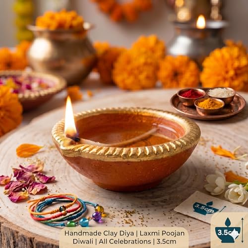 Image of Pure Source India Traditional Handmade Earthen Clay Big Size Diya for Laxmi Poojan, 4 Pieces | Elegant Blue Color (4 Pieces) - Premium Terracotta Akhand Jyot for Diwali, Puja & Festive Decor (Orange)