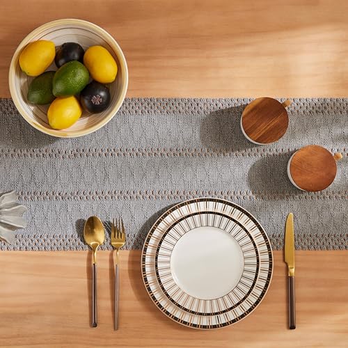 Image of ZeeMart Macrame Style Boho Table Runner, 12x90 Inch Grey | Woven Boho Table Runner with Handmade Tassels, Crochet Hollow Table Scarf, Farmhouse Kitchen Home Decor Dresser Runner