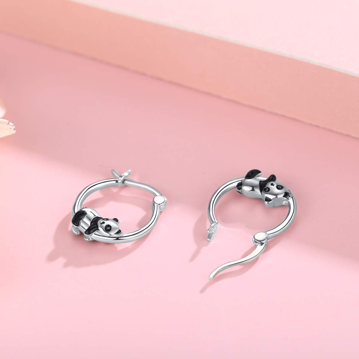 Orecchini a forma di panda, in argento Sterling 925, piccoli orecchini a cerchio con colibrì, delfino, graziosi orecchini a cerchio per donne, ragazze, fidanzate, figlie, 15 Millimeter, Argento