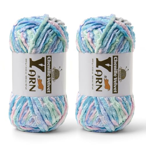 Image of 2 Pack Plush Chenille Chunky Yarn - Fluffy Velvet Yarns Crochet for Blanket Knitting and Crocheting - Soft Baby Yarn for Crocheting - Amigurumi Crochet Yarns 100g (87yds) (2 Candyfloss)