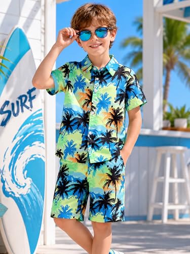 Image of LittleSpring Boys Summer Outfits Button Down Short Sleeve Hawaiian Shirts and Shorts Set