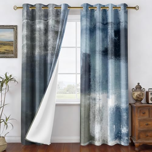 Image of Asuexpect Dusty Blue Abstract Curtains 2 Panels Set Navy Grey Geometric Curtain Modern Chic Window Treatments Decorative for Farmhouse Living Room Bedroom Window 50% Darkening Curtain 52x84 Inch