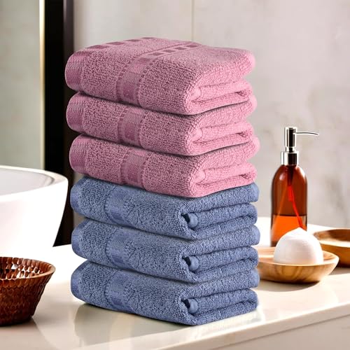 Image of Urbane Home Pack of 6 Cotton Hand /Face Towels for Men & Women | Easily Washable | Workout Gym Napkins for Men | Pocket Towel - Dark Blue & Pink