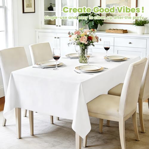 Image of Mulbozy White Plastic Table Cloth Disposable 4 Pack, 54 x 108 Inch Tablecloths Rectangle, White Plastic Table Cover for Party Decor