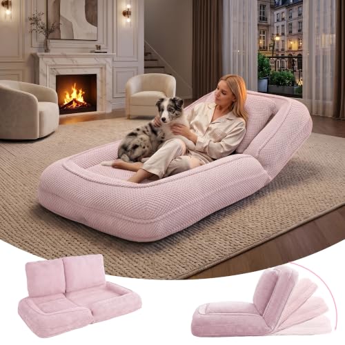 HKOLIE Human Dog Bed, Lazy Sofa Couch, Plush Floor Gaming Chair,5 Adjustable Position, sit, Sleep, fold, Suit to Put in Bedroom, Living Room,Space Saving Design (Pink)