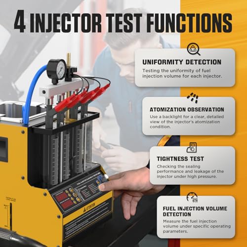 Fuel Injector Cleaner Machine 4 Cylinder Ultrasonic Fuel Injector Tester Cleaner, 9 Test Modes Cars Motorcycles injector tester and cleaner kit, Heated Cleaning Fuel Injection Machine with 1600ml Tank