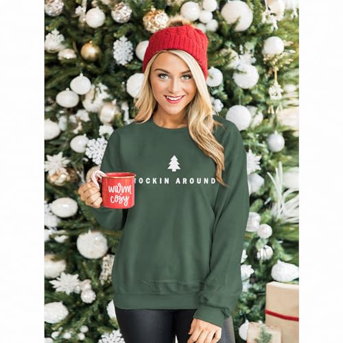 Women Christmas Tree Sweatshirt Rock Around The Xmas Tree Pullover Sweater Crew Neck Long Sleeve Oversized Tops