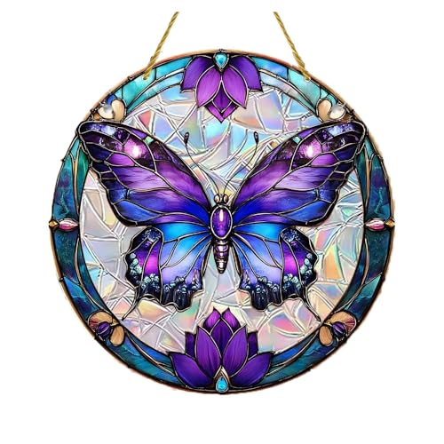 Stained Acrylic Window Hanging Suncatcher Purple Butterfly Round Acrylic Panel Ornament Home Decor Colorful Gift for Women Men 7.8 in