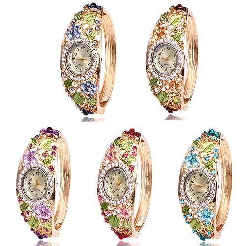 Dacdyi Women Ladies 5 Pcs Wholesale Watch Elegant Bangle Bracelet Crystal Round Dial with Flower Wrist Watch