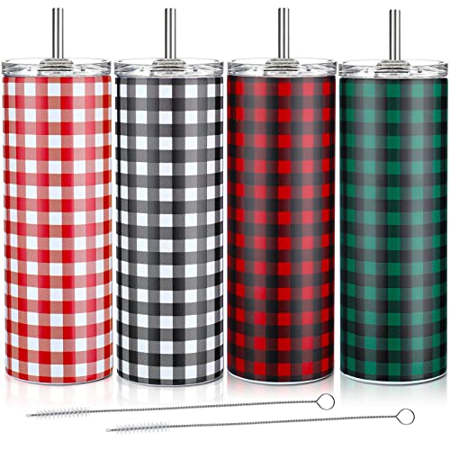 Maxdot 4 Pieces Christmas Tumbler Set Stainless Steel Christmas Mug Double Insulated Water Cup Vacuum Skinny Travel Tumbler For Lovers, 20 Oz With Lids Straws And Brushes (Plaid Style) #TOP4