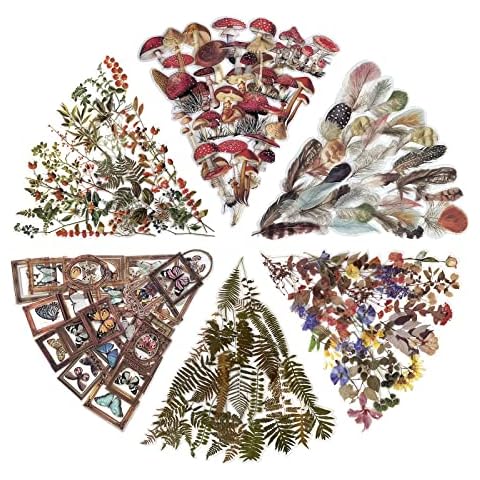 Maxleaf 240PCS Waterproof Flowers Stickers for DIY Crafts Planners Scrapbook Art Journaling, 6 Series Flowers Mushroom Butterflies Plants Fern Feather Garden Theme Stickers Set Cover