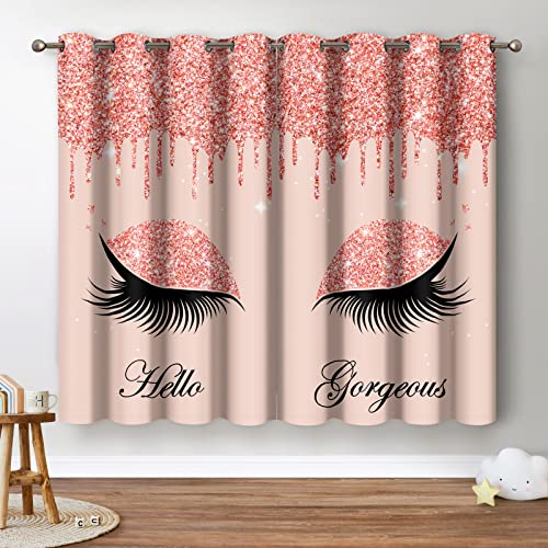 Jekeno Unicorn Blackout Curtains Hello Gorgeous Unicorn Eyelash Rose Gold Drips Print Women Kids Girls Bedroom Home Living Room Decor Grommet Window Drapes 2 Panel Set, 52"x63"