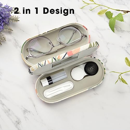 Zettokete 2 in 1 Contact Lens and Glasses Case,Double Sided Dual Use Design with Mirror, Tweezer and Contact Lens Solution Bottle,Portable Soak Storage Kit for Travel,Office(Beige Flower)