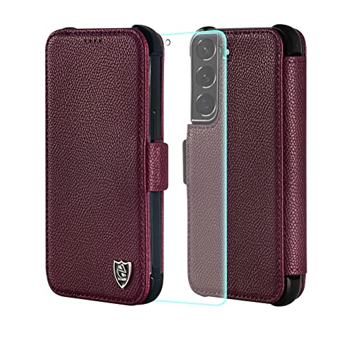 PYTWOPY for Samsung Galaxy S22 5G Leather Wallet Flip Phone Case with Screen Protector Film[Magnetic Clasp] [Wireless Charging] [Card Holder] [RFID Blocking] TPU Soft Slim Shockproof Protective Cover