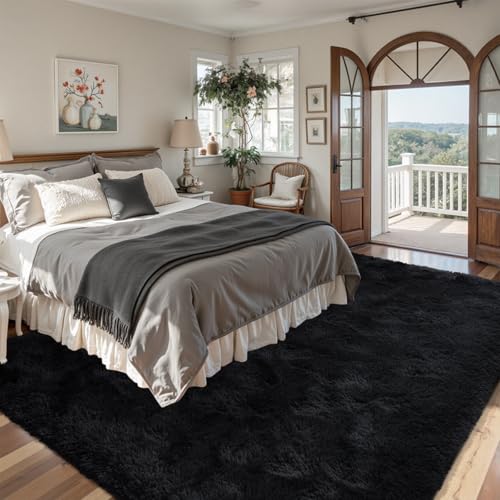 8x10 ft Black Fuzzy Rug for Living Room Soft Fluffy Bedroom Area Rugs Non-Slip Shaggy Carpet for Nursery Kids PlayRoom Dorm Office Indoor Modern Plush Carpets