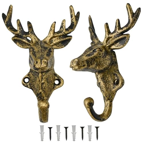Maydahui 2 Pcs Retro Brass Deer Head Hooks Vintage American