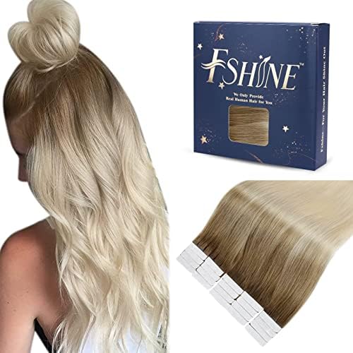 Fshine Tape Hair Extensions Real Human Hair 14 Inch Tape In Extensions Human Hair Dark Ash Blonde Highlighted Golden Blonde Invisible Glue in Hair Extensions for Women 50g 20Pcs