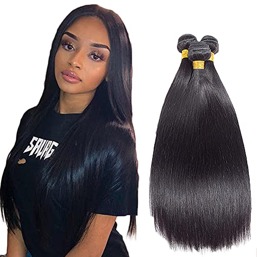 AuokMar Straight Brazilian Virgin Hair 3 Bundles 8A Grade Unprocessed Brazilian Virgin Hair Weave Bundles Straight Human Hair Extensions 26 28 30 Inch Natural Color