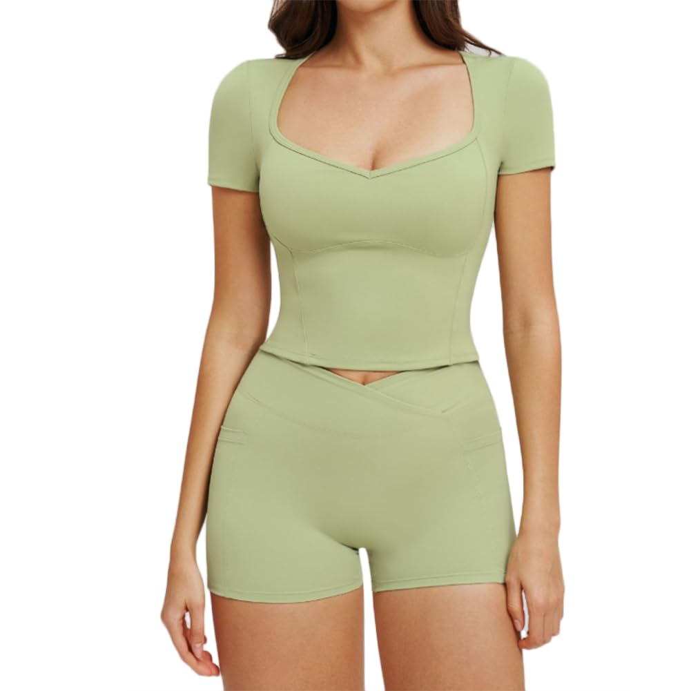 XYFfybhsd Women's 2 Piece Yoga Set, Square Neck Short Sleeve Crop Top with High Waist Shorts, Activewear for Gym Workout(Size:M,Color:Green)