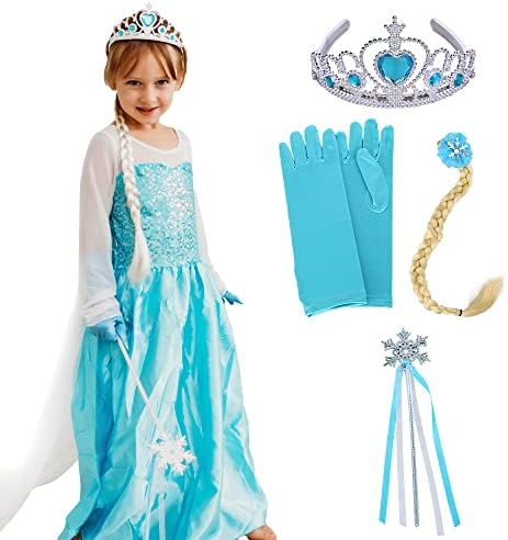 Butterfly Craze Children’s Snow Princess Costume Dress – Ice Queen Dress Up, Includes Gloves, Tiara, Blonde Braid & a Snowflake Wand, Perfect for Pretend Play, Dress-up & Birthday Parties, M 3-4yrs