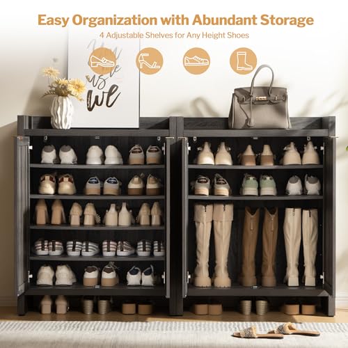 SICOTAS Shoe Cabinet Set of 2, Large Capacity Shoe Storage Organizer Cabinet, Tall Rattan Shoe Cabinet with Doors and Shelves, 6-Tier Farmhouse Boho Wooden Storage Cabinet for Entryway, Black Oak