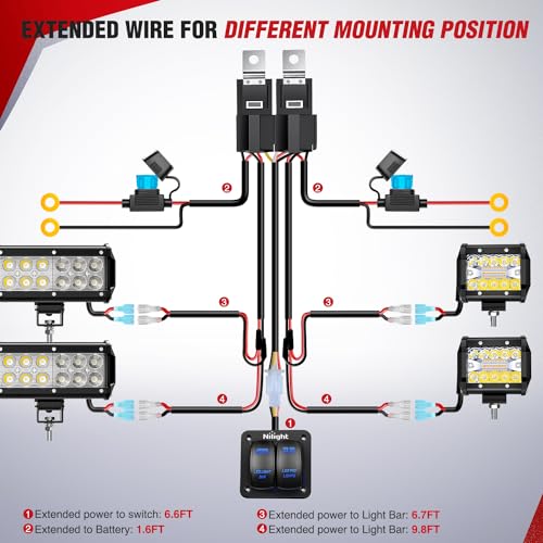 Image of Nilight 16AWG LED Light Bar Wiring Harness Kit-4 Leads | 12V On /Off 2 Gang Laser Etched Pod Lights Rocker Switch Panel Power Relay Fuse 5Pin Toggle for Cars Boat ATV Trucks
