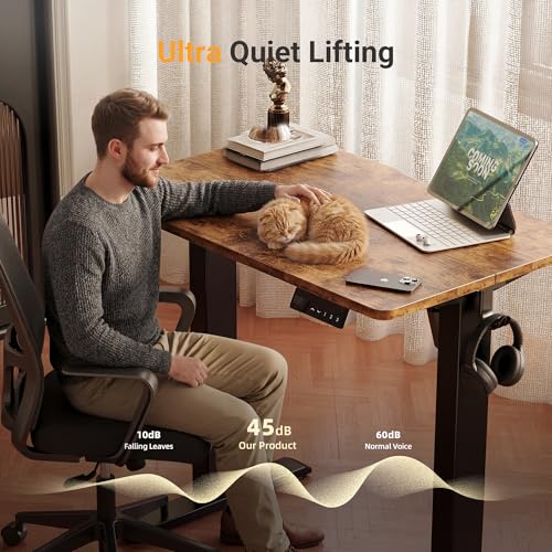 Image of YDN 32 inch Small Electric Standing Desk Adjustable Height, Sit Stand up Desk with Memory Presets & Cable Management, Home Office Desk for Office & Computer Workstation, Black Frame /Rustic Brown Top