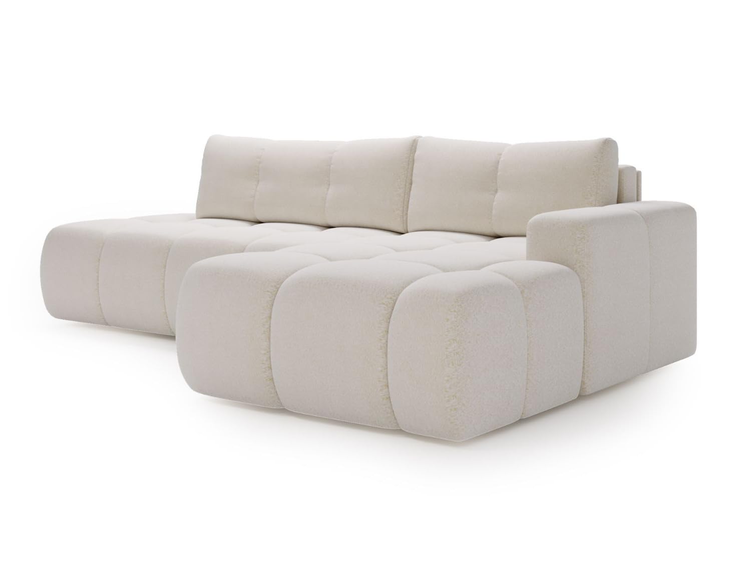 GRAINGOLD Montero L Ecksofa modern mit Bettfunktion, 280x177 cm, L-Form Sofa, Schlafcouch für Wohnzimmer, Bouclé-Stoff, 3-Sitzer Eckcouch, Ecksofa mit Bettkasten (Weiß, Rechts)