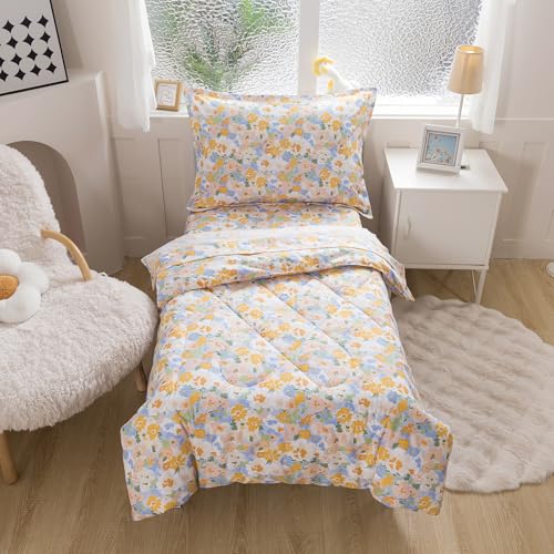Image of Caressma Twin Size 5 Pieces Comforter Set Bed-in-a-Bag,Soft Fabric Print Yellow Floral for Baby & Kids,Includes Flower Comforter, Fitted Sheet, Flat Sheet，Pillow Case & Pillow Shame for All Seasons
