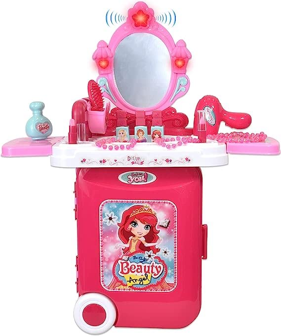 Krishna Beauty Makeup Kit for Doll Girls Cosmetic Set 2 in 1 Vanity Table Portable Trolley Pretend Play Set Toy with Make up Accessories for Kids Plastic (Pink) 21 Pieces