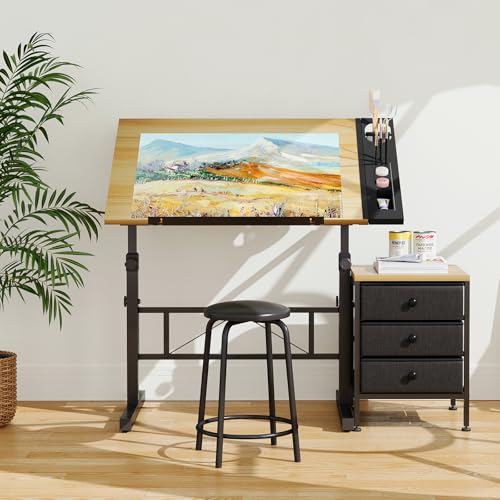 Moziel Mesa de Dibujo con Altura Ajustable, 0-60° Tablero Inclinable, Mesa de Pintura Arquitecto Estudio Dibujo Escritorio para Computadora con Taburete para Oficina Casa (Madera con Cajón)