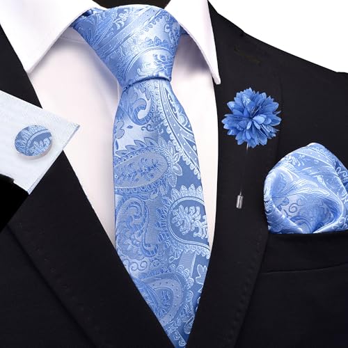 Image of GUSLESON Paisley Tie Set for Men 3.15 inch Necktie Lapel Pin Hankerchief Cufflinks Set for Men