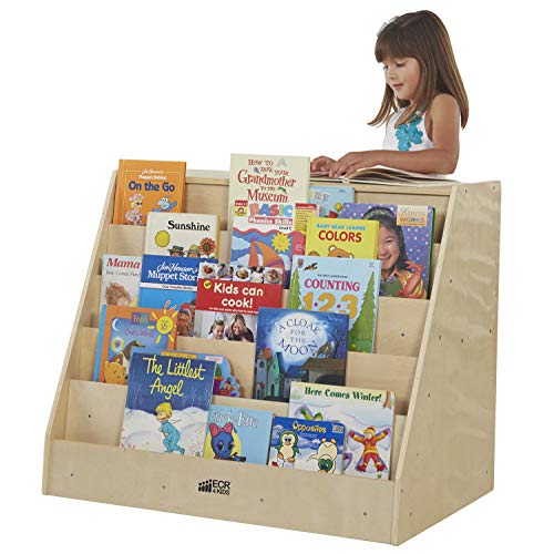 ECR4Kids Birch Book Display Stand with Storage with Rolling Casters, Double-Sided Hardwood Book Shelf Organizer for Kids, 5-Shelves with 2-Shelves, Mobile Display Stand for Classrooms and Home, Natural (ELR-0429)