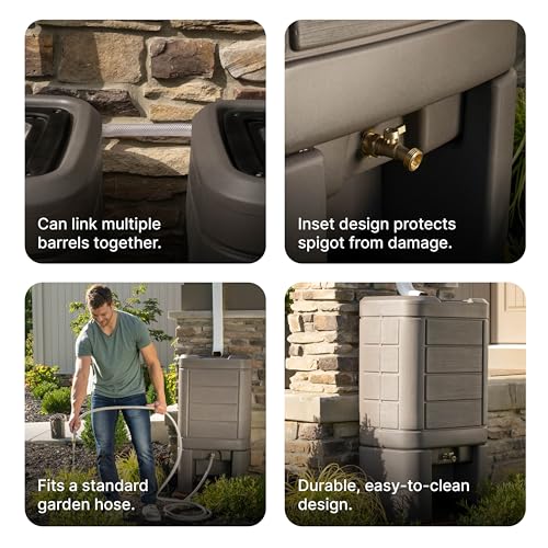 Image of Step2 Lakewood Rain Barrel with Stand, Outdoor Water Conservation Container, Holds 60 Gallons, Brown