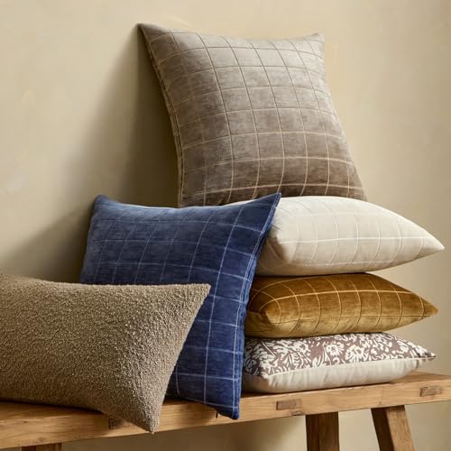 Image of MIULEE Navy Blue Plaid Decorative Throw Pillow Covers 12x20 Set of 2 | Vintage Check Chenille Couch Pillows Neutral Boho Farmhouse Cushion Covers Modern Home Decor for Sofa Bed Living Room