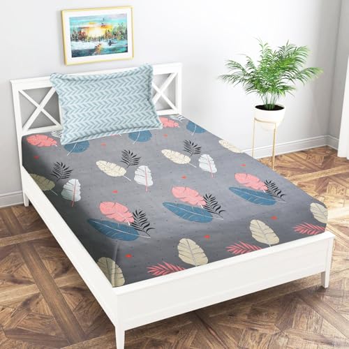 Image of IVAZA Ezyption Cotton Soft and Warm Mix N Match Bedsheet Set for Single Size Bed Soft Durable bedsheet with1 Pillow Cover Grey Leaf