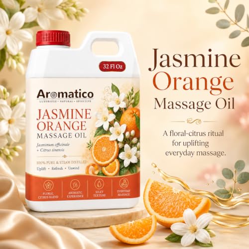 Image of AROMATICO Jasmine Orange Massage Oil for Skin & Body | Lightweight Professional Grade Refill Pack - 1000ml (1L Bulk)
