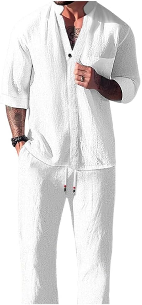 Men's Cotton Linen Top Pants Two-Piece Set,Men’s Casual V-neck Short Sleeve Button Down Shirt And Pants Sets
