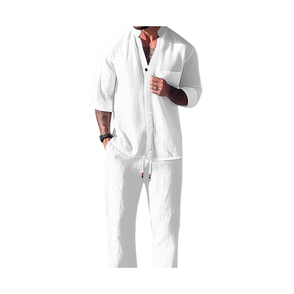 Men's Cotton Linen Top Pants Two-Piece Set,Men’s Casual V-neck Short Sleeve Button Down Shirt And Pants Sets