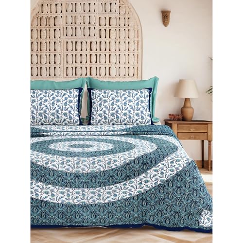 Image of 240 TC 100% Cotton Bedsheet for Double Bed King Size with 2 Pillow Covers | Breathable & Super Soft Rajasthani Sanganeri Jaipuri Printed Bed Sheet -108 * 108 Inches (Mandala Blues)
