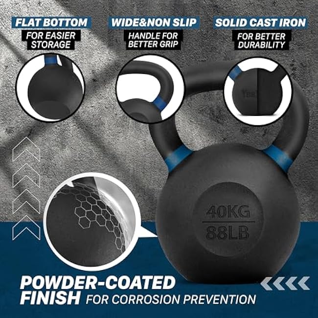 Yes4All Powder Coated Cast Iron Kettlebell Single Deep Blue - 40 KG / 88 LB Strength Training Kettlebells Weight Set for Full Body Workout, Home Gym