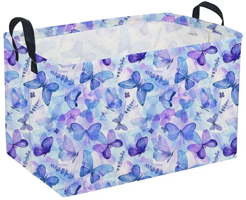 Image of Rectangular Purple Butterfly Baskets,Foldable Waterproof Outdoor Purple Gift Basket with Handle,Baby Storage Basket,Girls Baskets,Butterfly Room Decor(Cute Butterfly)