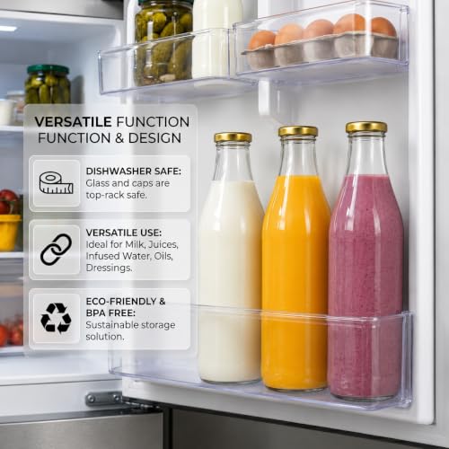 Image of Pure Source India 1 Litre Glass Bottle with Gold Metal Lid - Reusable, BPA-Free, Leak-Proof Beverage & Milk Storage Container (Set of 4)