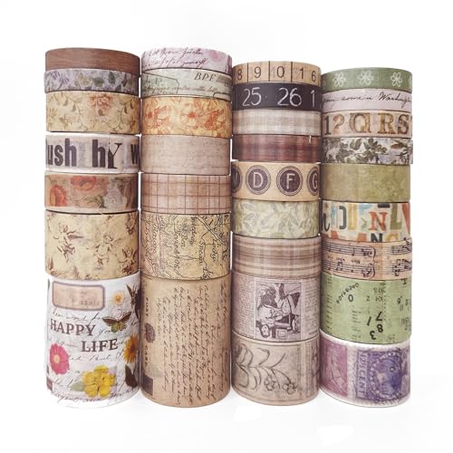 bomichi 32 Rollen Vintage Washi Tape Set - Retro Dekor Klebeband mit Altzeitung, Briefmarken & Blumen Motiven für Scrapbooking, Bullet Journal, Junk Journal DIY, Tagebuch & Geschenk Dekoration