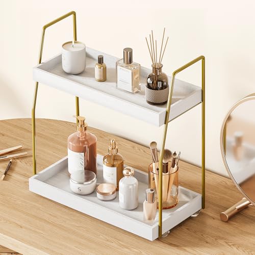 Image of Bathroom Countertop Organizer, Counter Organizer for Bathroom Decor | Wooden Sink Shelf for Vanity Storage, Makeup Tray for Perfume Skincare Bedroom Kitchen Coffee Bar (2 Tier, White and Gold)