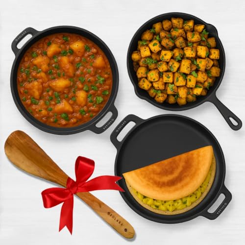 SOLARA Crownstone Premium Pre-Seasoned Cast Iron Cookware Set of 3 with Free Wooden Spatula, Tawa(12