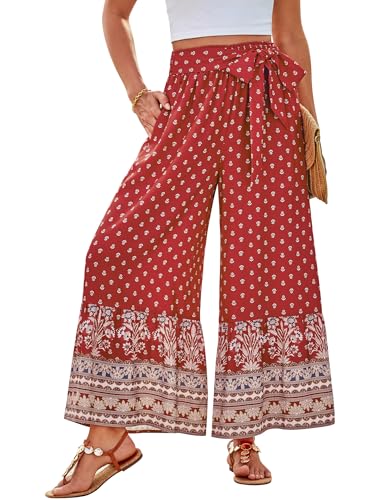 GRACE KARIN Women's 2025 Summer Wide Leg Palazzo Pants Elastic High Waisted Boho Casual Flowy Beach Pants with Pockets